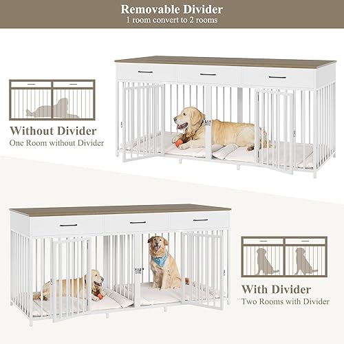 Miniatura 7 de HOSTACK Double Dog Crates Furniture, 71" Wide Indoor Dog Kennel with 3 Drawers, Farmhouse Dog Cage for 2 Large/Medium Dogs, Heavy Duty Dog Crate