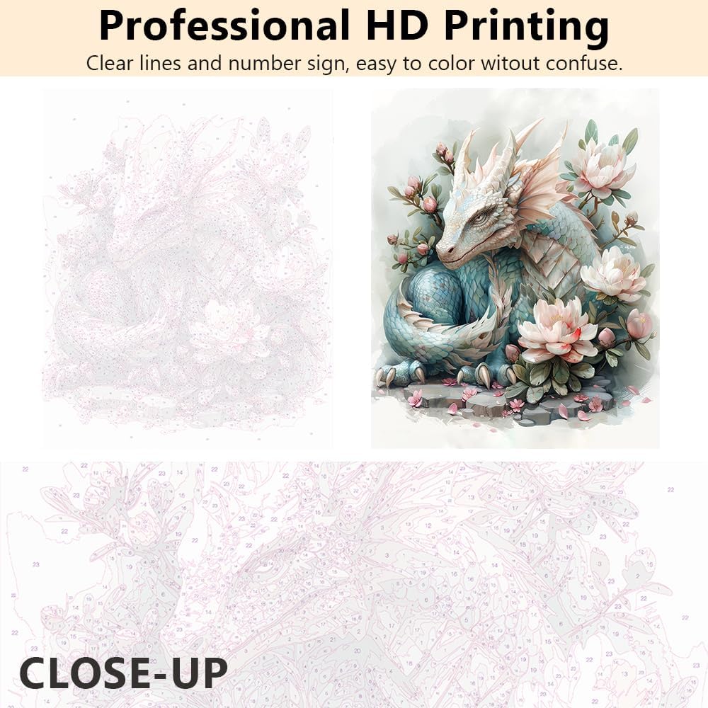 Rebotipy Dragon Paint by Numbers Kit - Fantasy Animals and Flowers for Adults - Canvas Oil Hand Painting Craft for Home Decor - 16x20 Inch With Frame