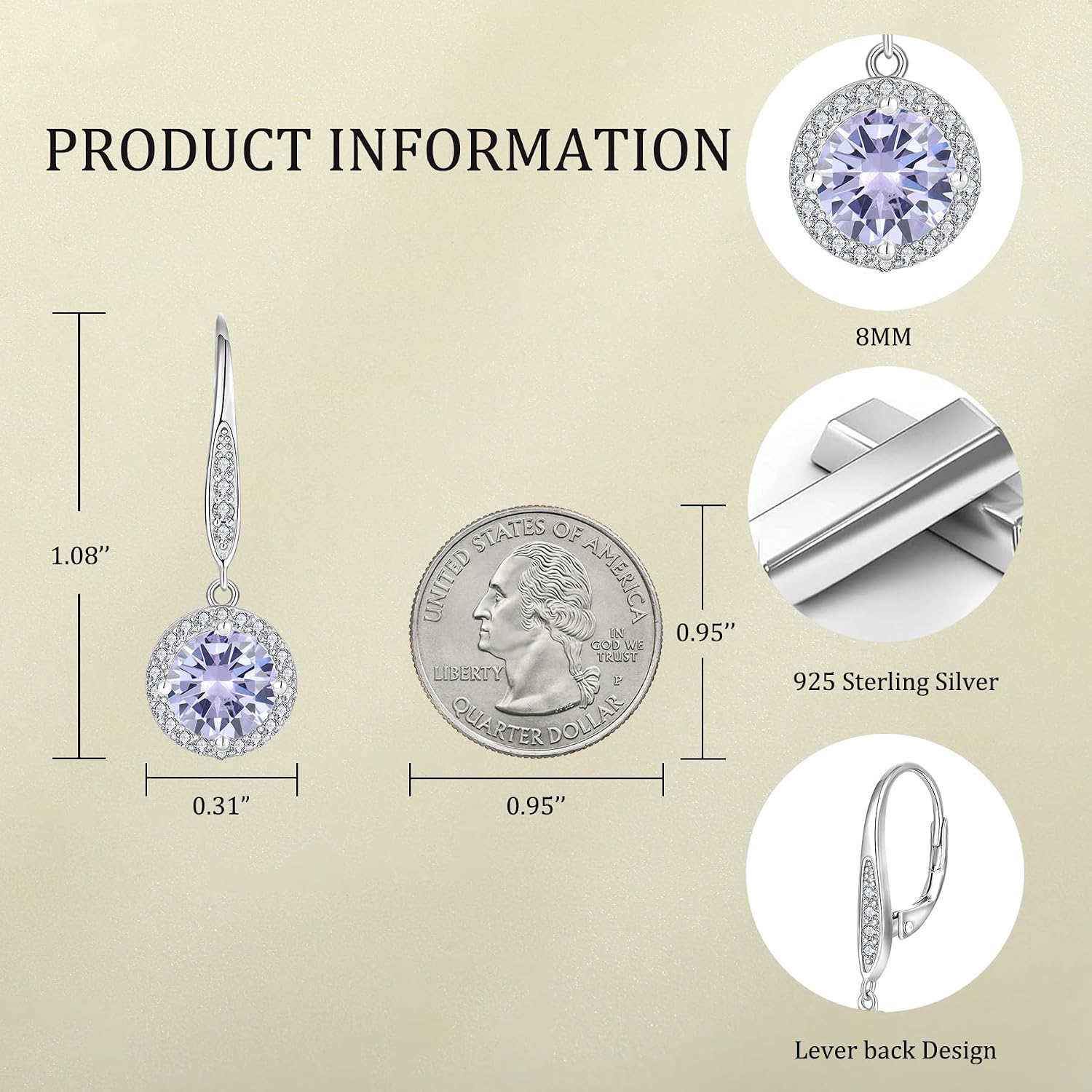 JO WISDOM Women Dangle Earrings,925 Sterling Silver Dangle Birthstone Gemstone Earrings 8MM Cubic Zirconia,Leverback Jewelry for Women