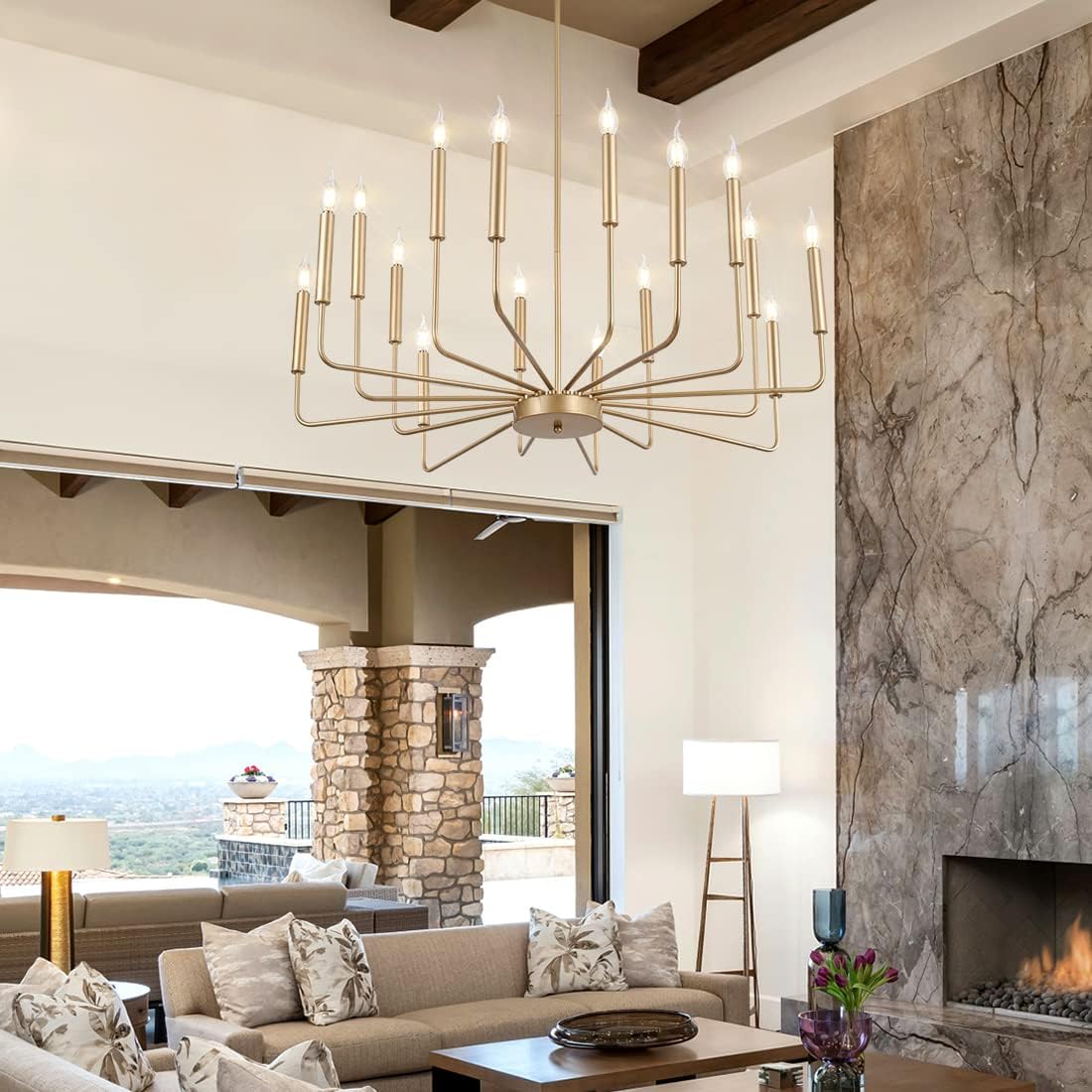 Yiisem Modern Farmhouse Gold Chandelier, 16-Light Rustic Candle Chandelier, Industrial Hanging Chandeliers for Dining Room, Kitchen, Foyer, Entryway, Living Room