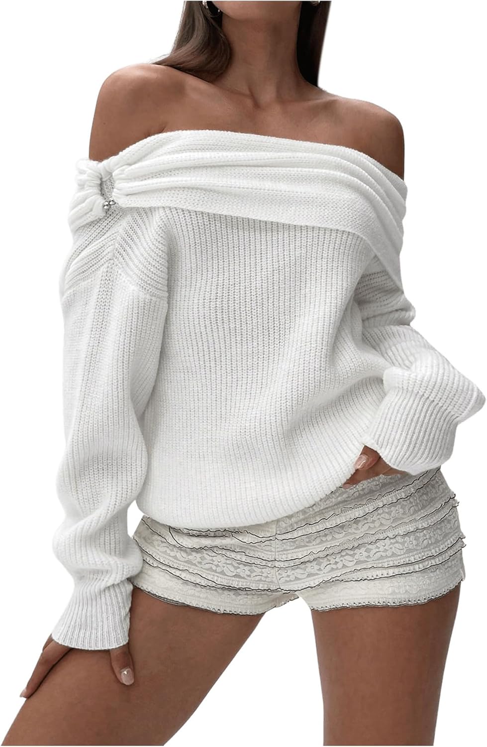 GORGLITTER Women's Off The Shoulder Sweater Oversized Long Sleeve Knit Pullover Long Sweaters Tops Jackets Outfits