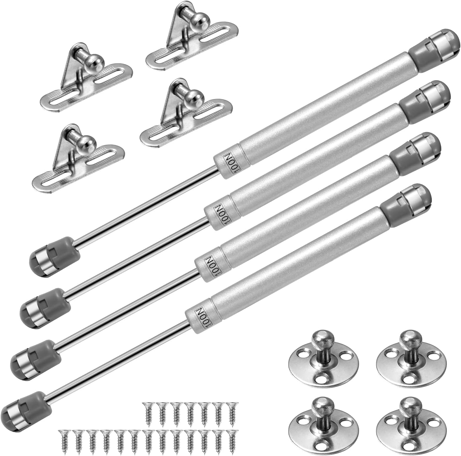 Vinabo 4 100N gas springs, gas pistons for doors, furniture jack, cabinet hinge, hinge damper for kitchen cabinets, silver/black