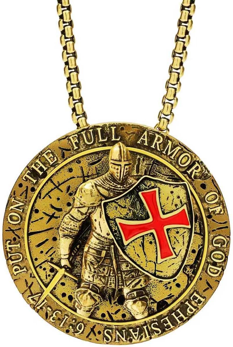 Knights Templar Red Cross Necklace for Men, Heavy Duty Alloy Armor of God Pendant, Ephesians 6:13-17 Scripture, Hidden Ring Design, 2.1 Inch Diameter, Medieval Badge Style