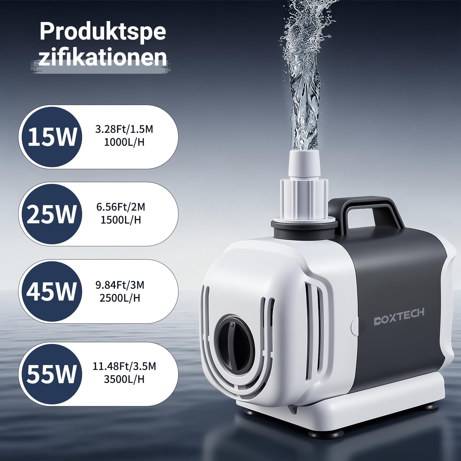 Boxtech Pompa per laghetto da 55 W, 3500 l/h – Pompa per acqua sporca con regolazione del flusso, aspirazione a terra 3 in 1, motore in rame puro, albero in ceramica, per giardino e ruscelli e