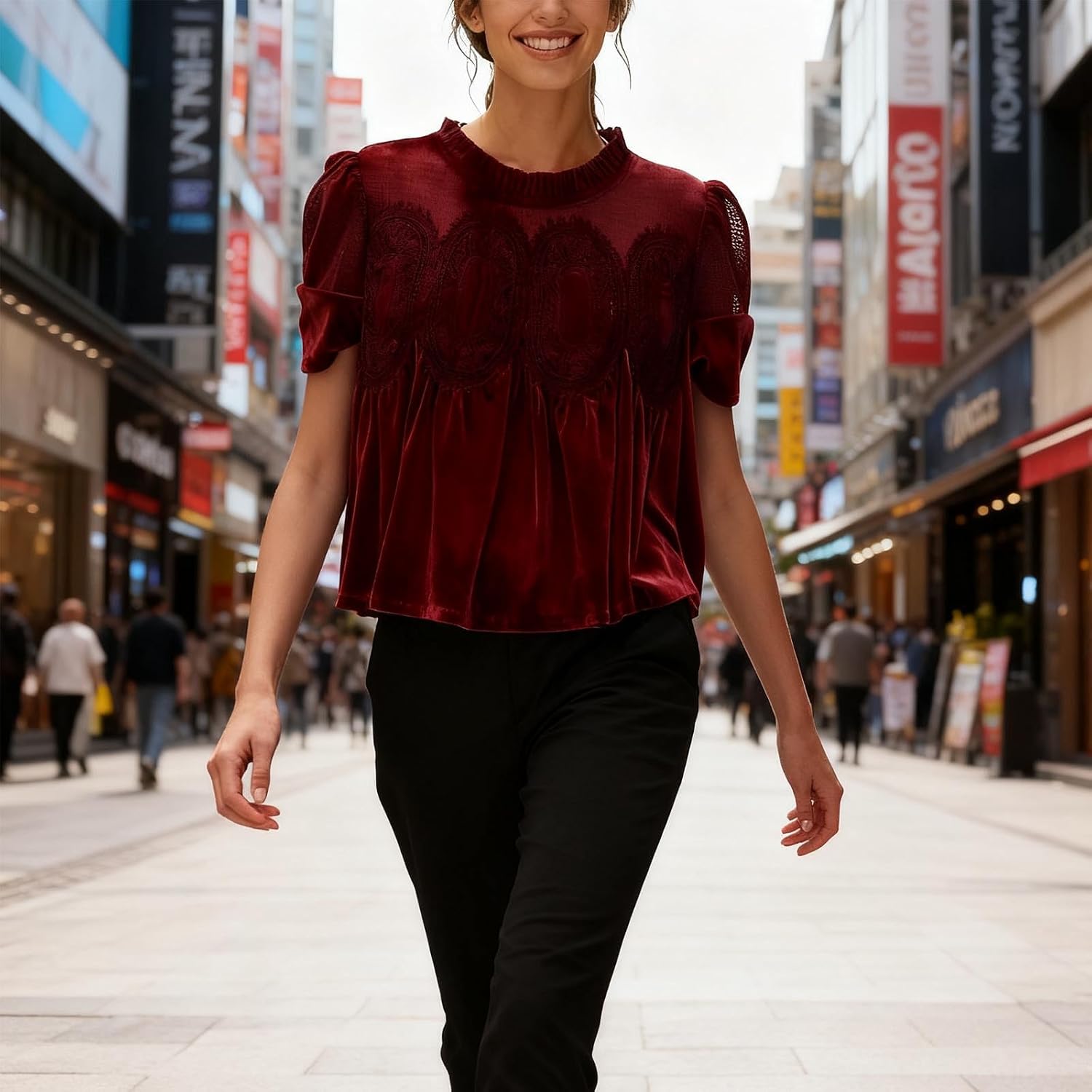 Women Lace Velvet Shirts Y2k Fashion Short Sleeves Mesh Crewneck Dressy Shirt Elegant Pleated T-Shirt Blouse Tops