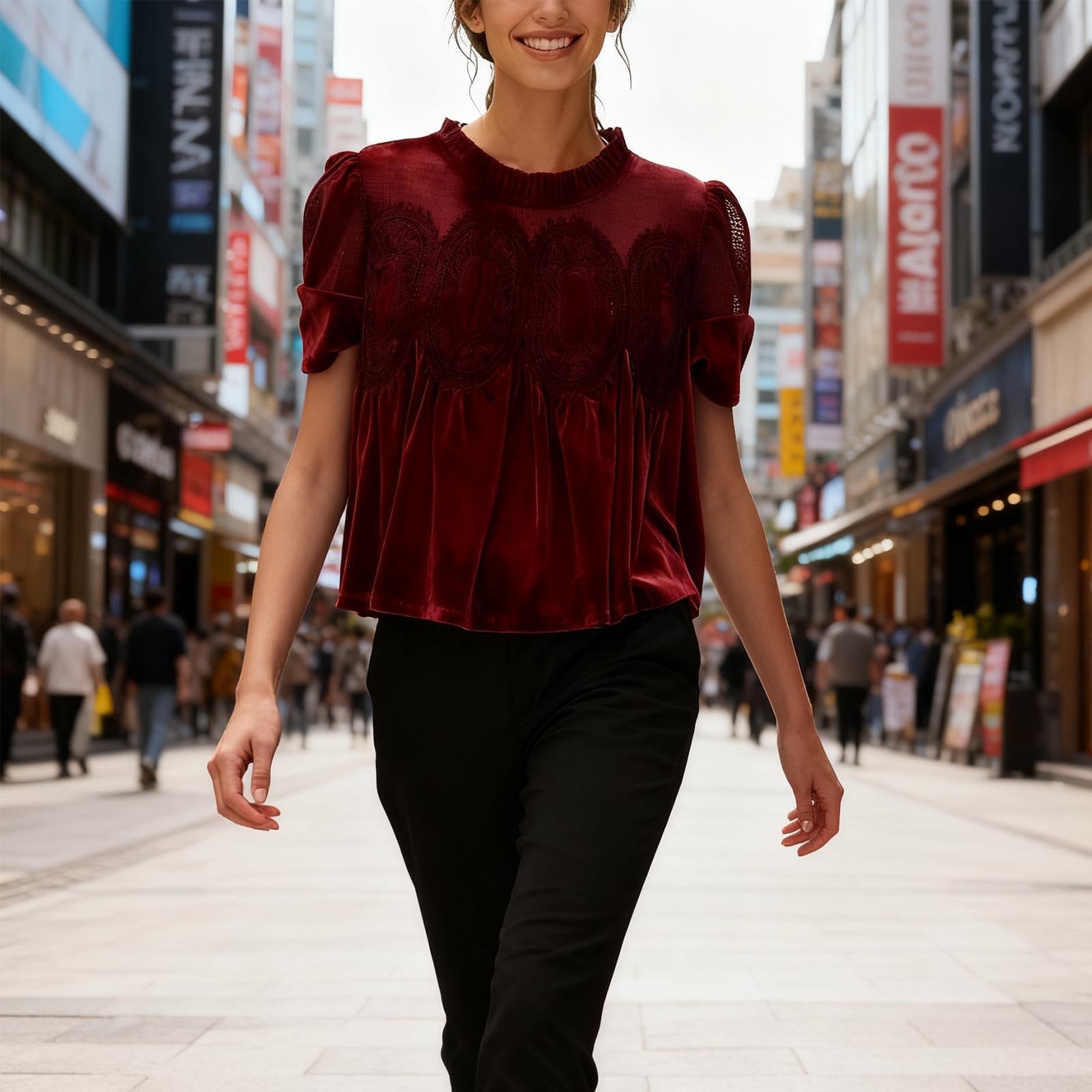 KHIRVWL Camicia Donna Elegante in Velluto e Pizzo Scollo Tondo Tops Pizzo Maglietta con Glitter Sexy Taglie Forti Camicetta Brillantini Maglia da Sera Curvy Camicia Oro per Feste e Serate