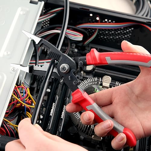 Vista 4 de Alicates multifuncionales 6 en 1 para electricista de 8 pulgadas, alicates de punta larga con pelacables, cortador de aguja, alicates de nariz