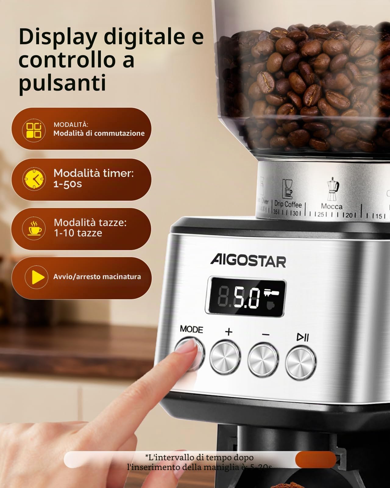 Aigostar Macina Caffe' Elettrico a Cono, 52 Impostazioni di Macinatura, Macinacaffè Elettrico per Caffè Espresso, Macina Caffè Professionale con Display Digitale Preciso, Acciaio Inossidabile, Argento