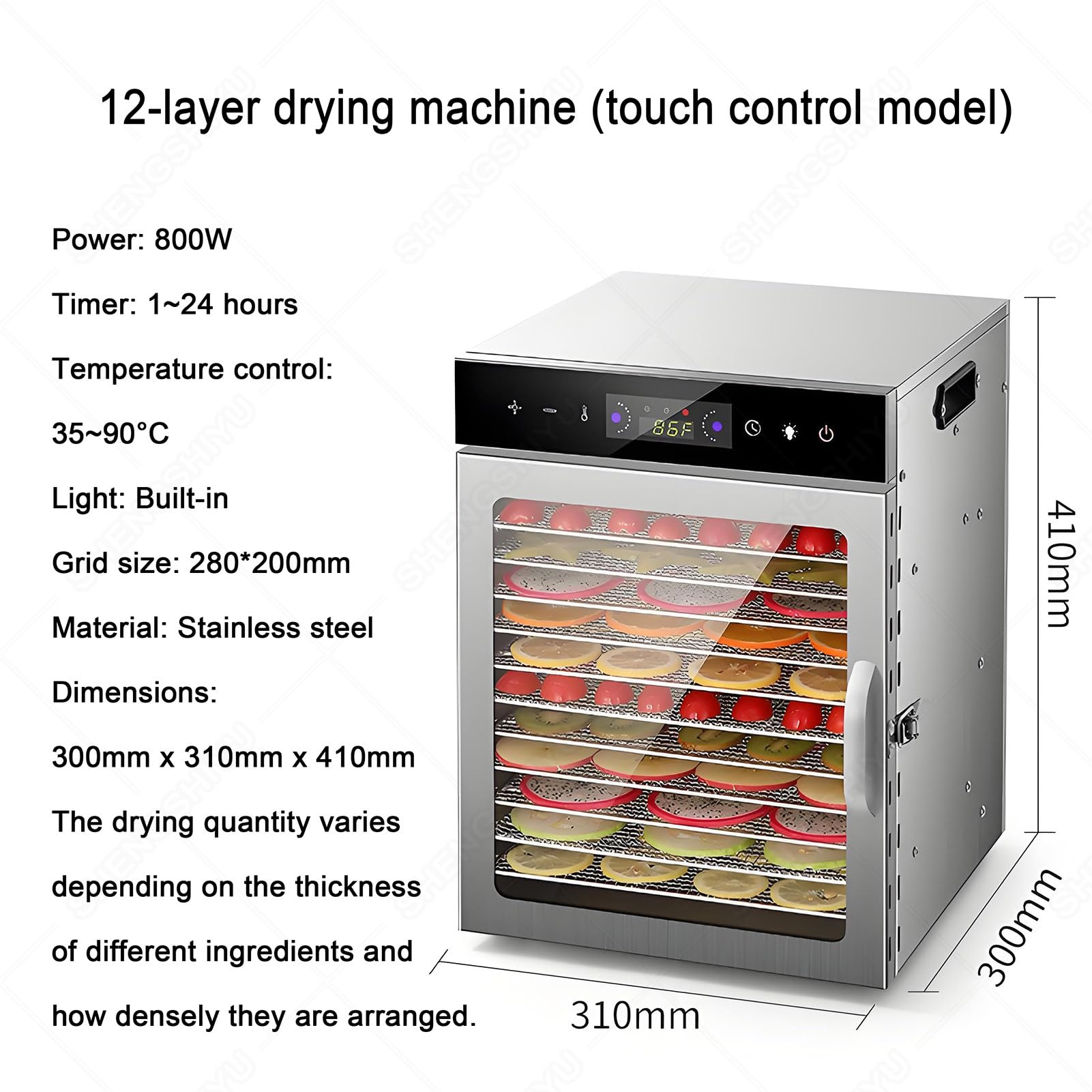 Essiccatore Frutta E Verdura,Controllo Della Temperatura 35℃~90℃ 12tiers | Timer Digitale 24 Ore,Essiccatore per Carne Secca,Frutta,Erbe Aromatiche, Aria Calda a Circolazione Orizzontale