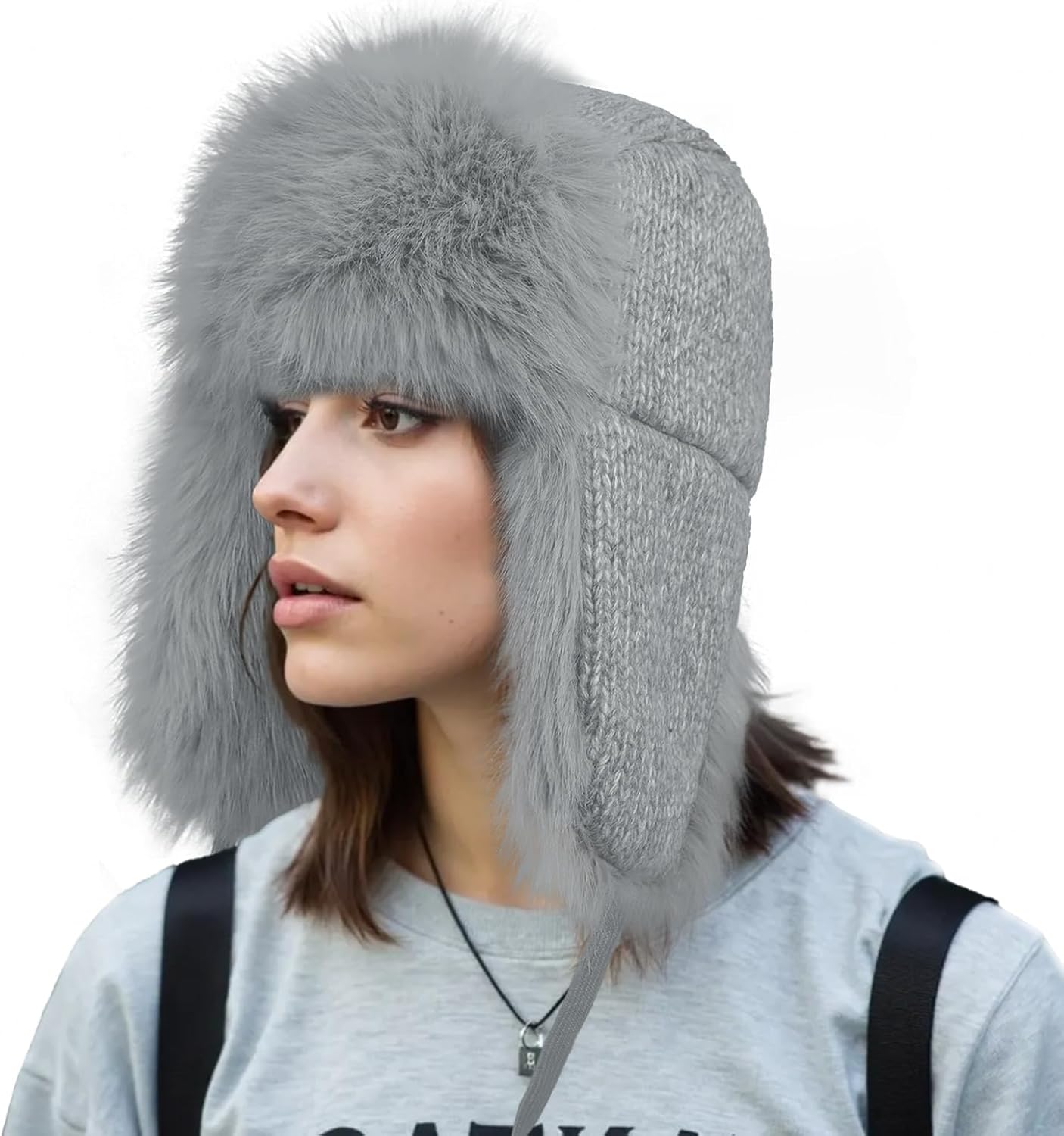 Women Knitted Winter Warm Trapper Hat with Earflaps Thick Windproof Faux Fur Lined Cap Ushanka Skiing Hoodie Beanie Hat