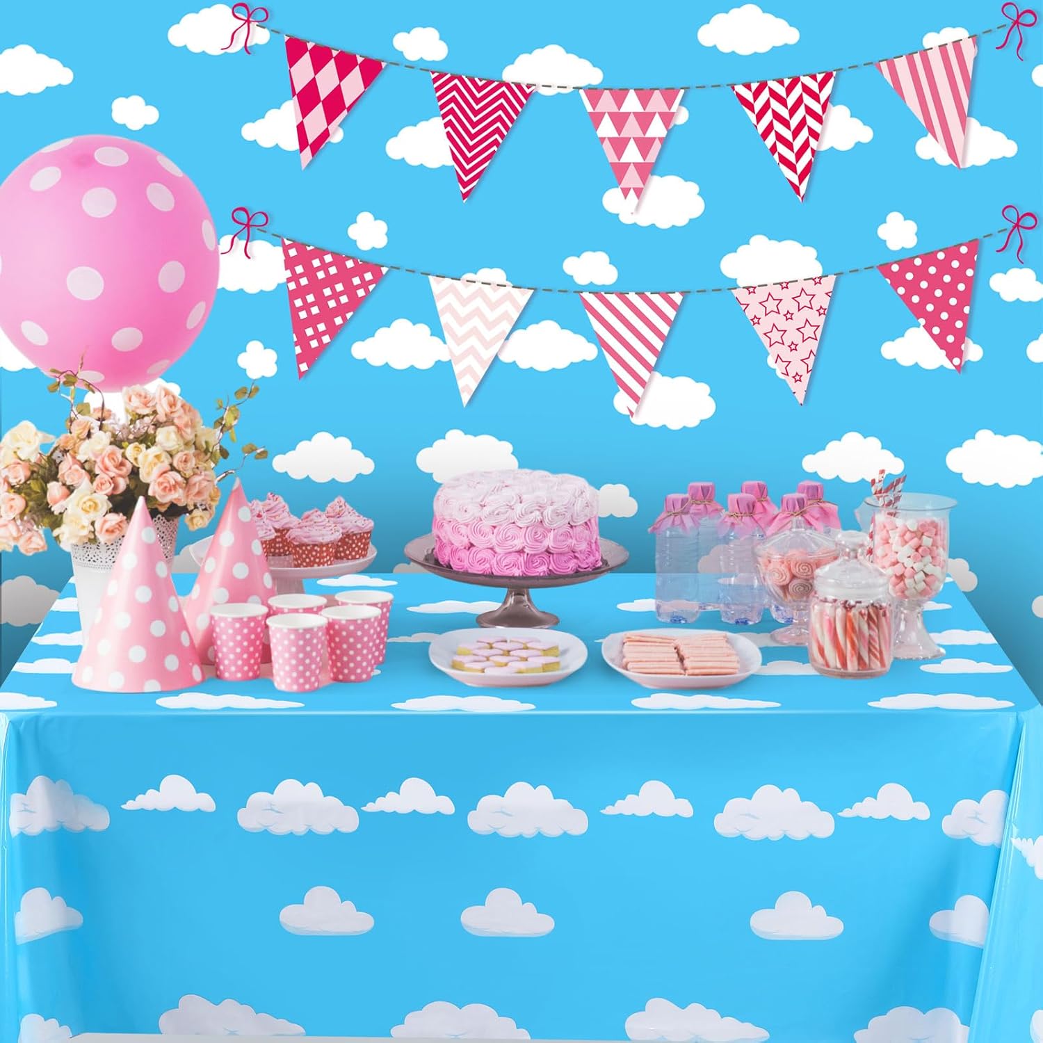 Ctosree 78.7 in x 100 ft Blue Sky White Clouds Tablecloth Roll Plastic Cartoon Story Birthday Party Supplies Cartoon Table Cover for Baby Shower Picnic Party (Blue and White, Sky Cloud)