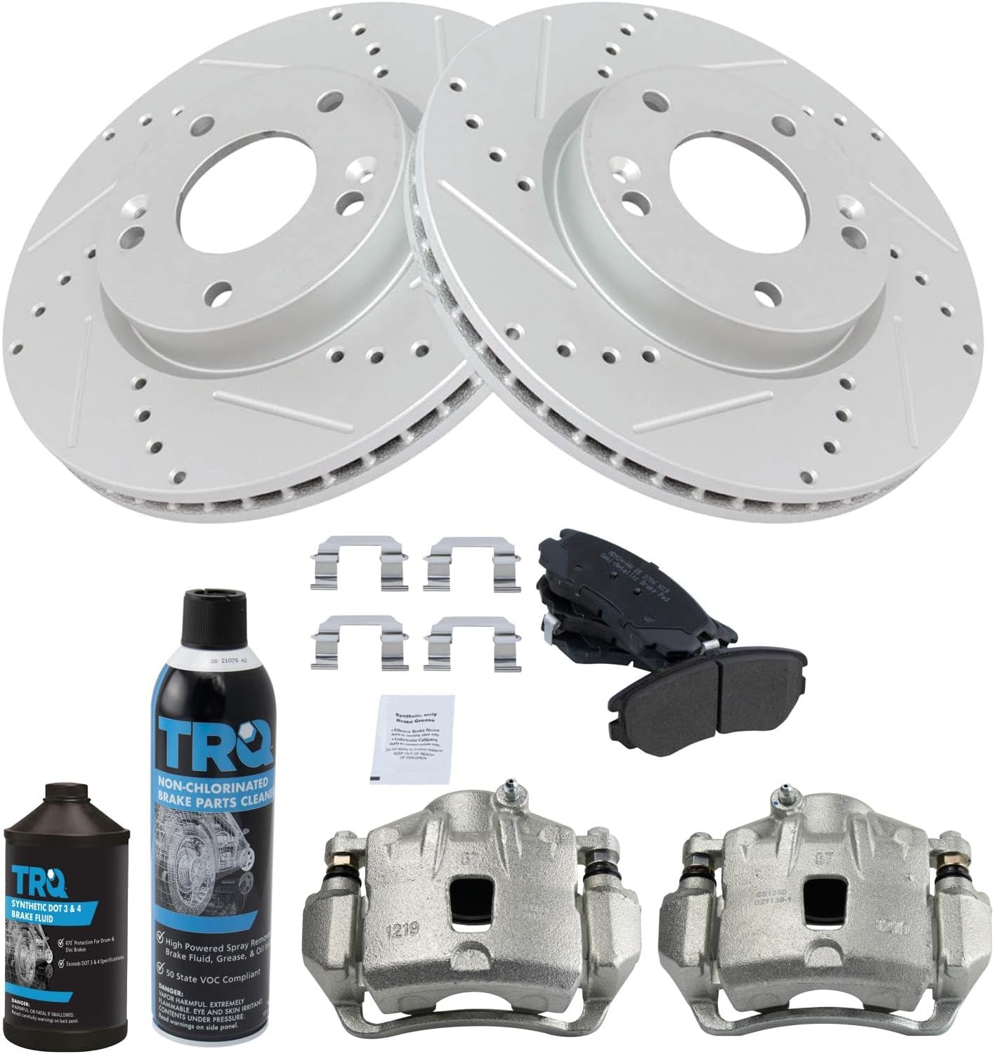 TRQ Front Performance Brake Pad & Rotor Kit Brake Caliper Brake Chemical Kit Brake Pads Brake Rotors Set Semi-Metallic Premium G-Coated Compatible with 2006-2010 Hyundai Sonata Kia Optima