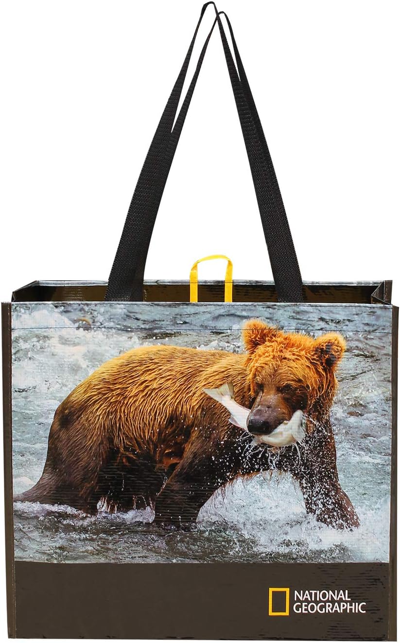 Reusable Grocery Bags Shopping Totes with National Geographic Prints Heavy Duty Made From Recycled Plastic Bottles Laminated Rpet ( Set of 3) (Eagle/Bear/Wolves) : Home & Kitchen