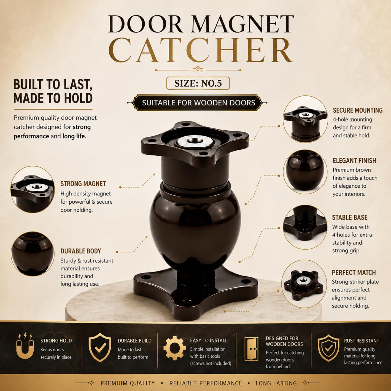 Elite Heavy Duty Wall Mounted Magnetic Door Stopper Catcher, Size 5 Number, for Main Door, Bed Room Door, and All Other Type Doors Protection, Pack of 3 (Brown) — Amazon image 6