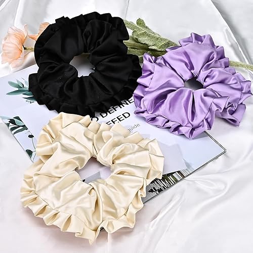 Miniatura 8 de Coleteros grandes de satén de 3 piezas con borde arrugado para mujeres y niñas, bandas elásticas para el cabello, bandas elásticas para el cabello,