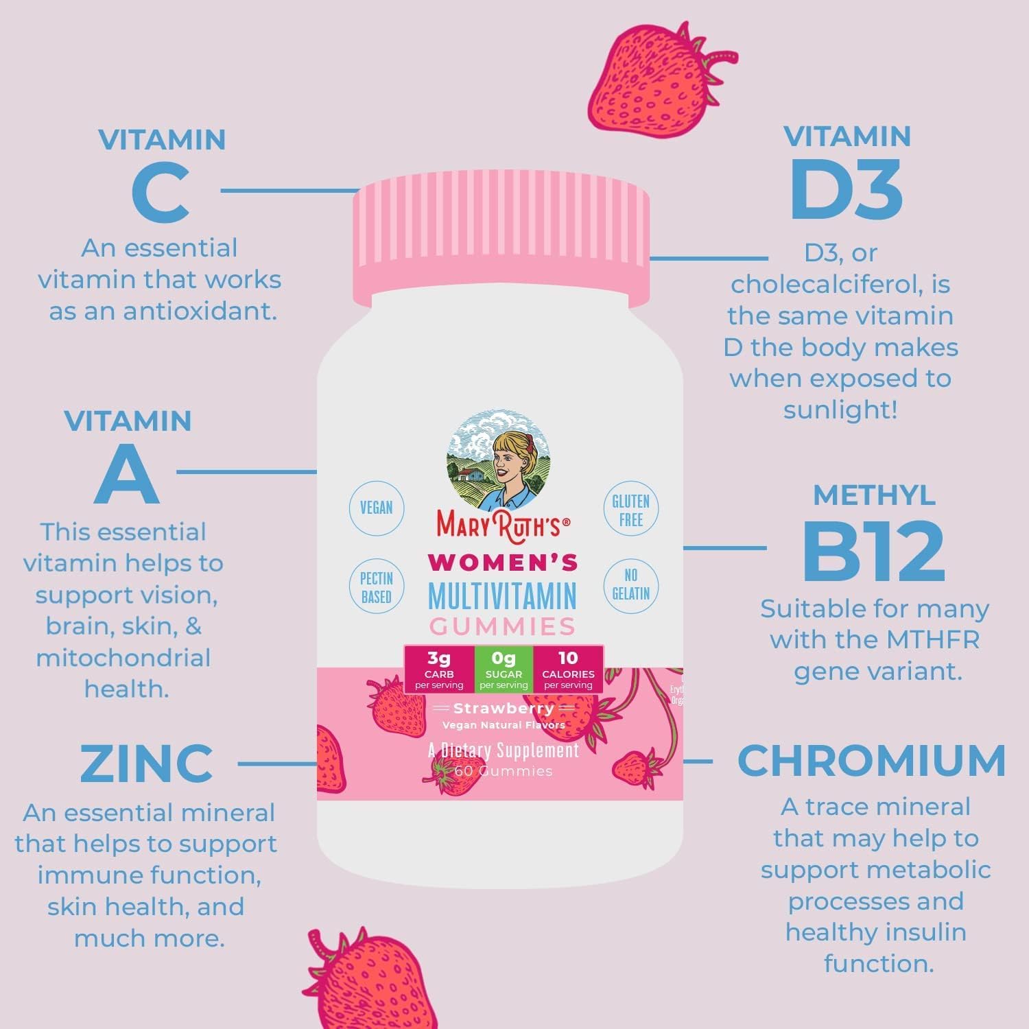 Vitamins for Women with Organic Ingredients | Vegan Womens Vitamins | Immune Support Daily Women's Multivitamin | Hair, Skin and Nail Gummy Vitamins for Women | 0g Sugar Per Serving | 60 Count