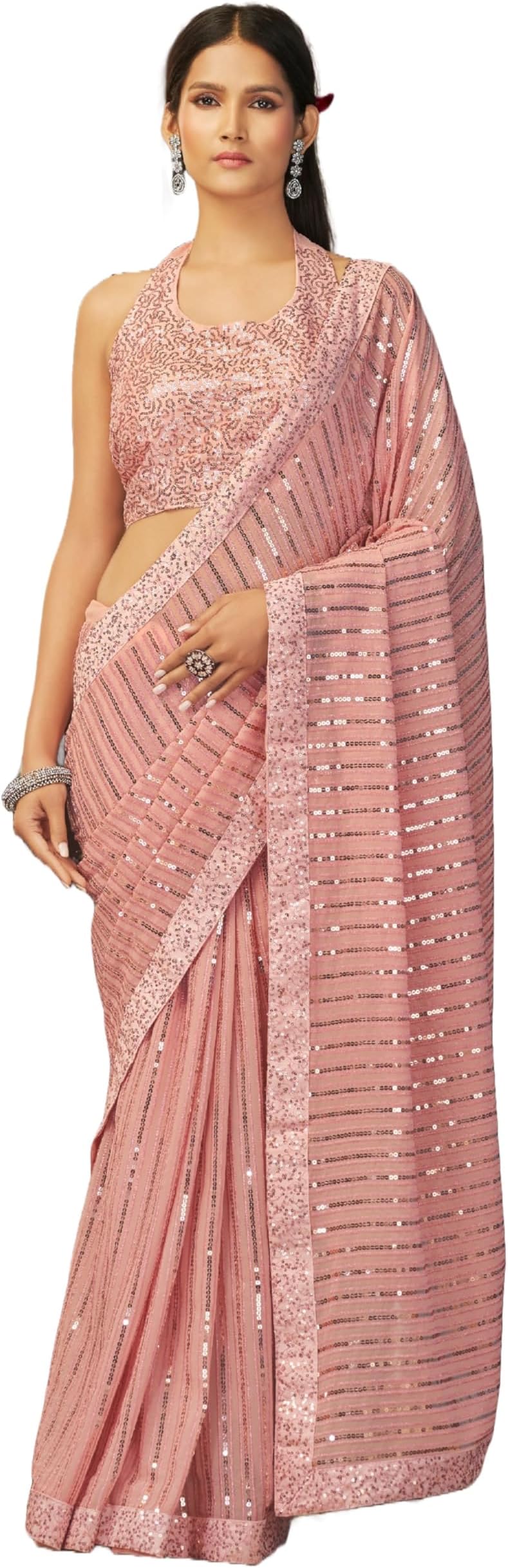 Indian Women's Partywear Embroidery Baby Pink Saree with Unstitched Blouse for Women