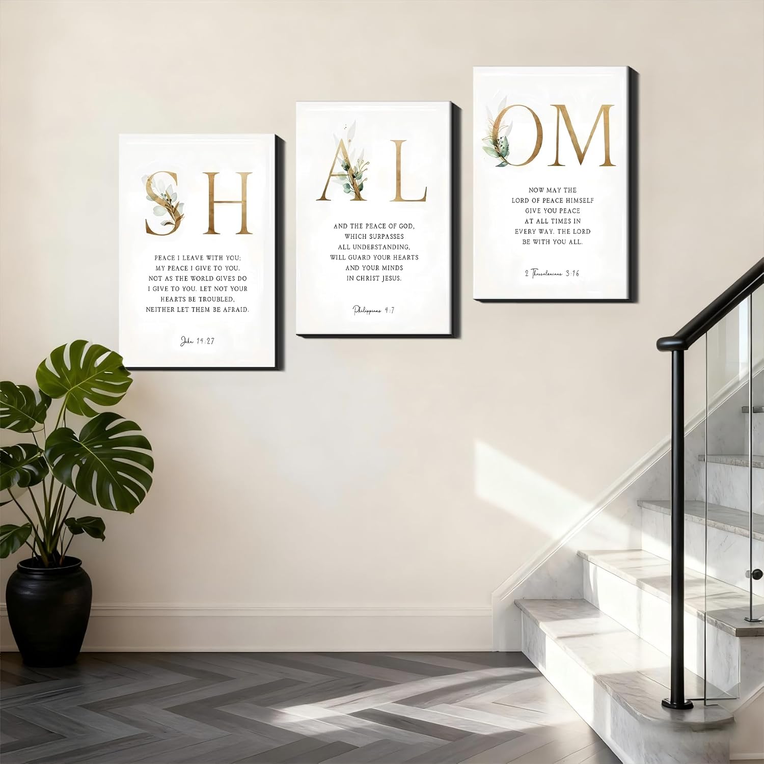 3 Piece Framed Canvas Art - Christian Faith Wall Decor, Shalom Inspirational Bible Verse Prints, Bedroom/Living Room Wall Decor, Elegant Gold-Tone Framed Wall Art