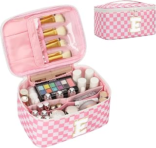 OCHEAL Makeup Bag for Women, Monogram Cosmetic Bag Pink Travel Makeup Case Beauty Toiletry Bag Organizer Personalized Gifts for Girls Bridesmaid, Sister, Wife, Friends Initial E