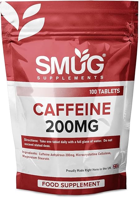 Caffeine Tablets by SMUG Supplements - 200mg Fast Release - Improve Focus and Boost Energy - Easy to Swallow Caffeine Supplement - Vegan and Made in The UK (100 Tablets - Standard Pouch)