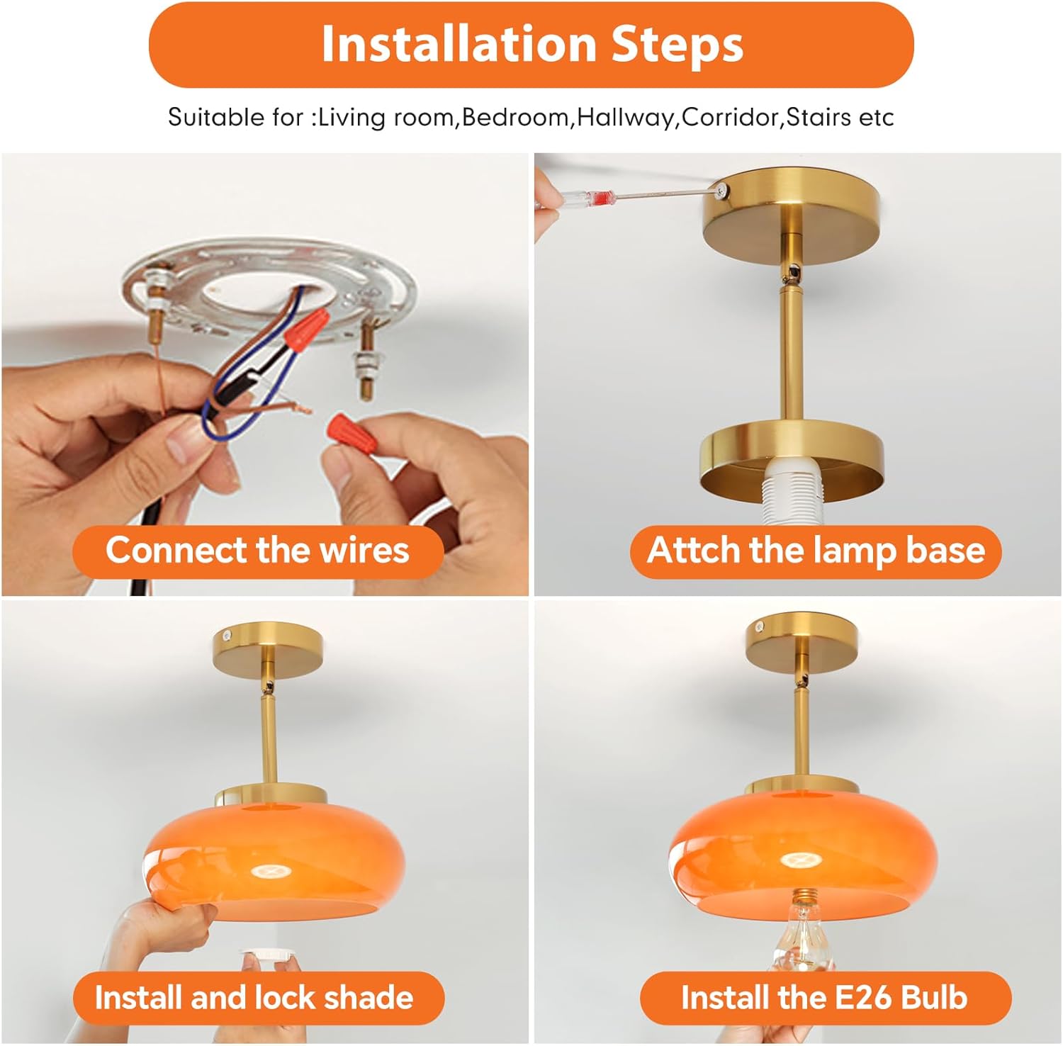 Glass Pendant Lights Kitchen Iisland，Gold Modern Ceiling Lamp with Orange Glass Shade Adjustable Mid Century Hanging Light Fixtures for Schoolhouse, Dining Room, Living Room,Sink