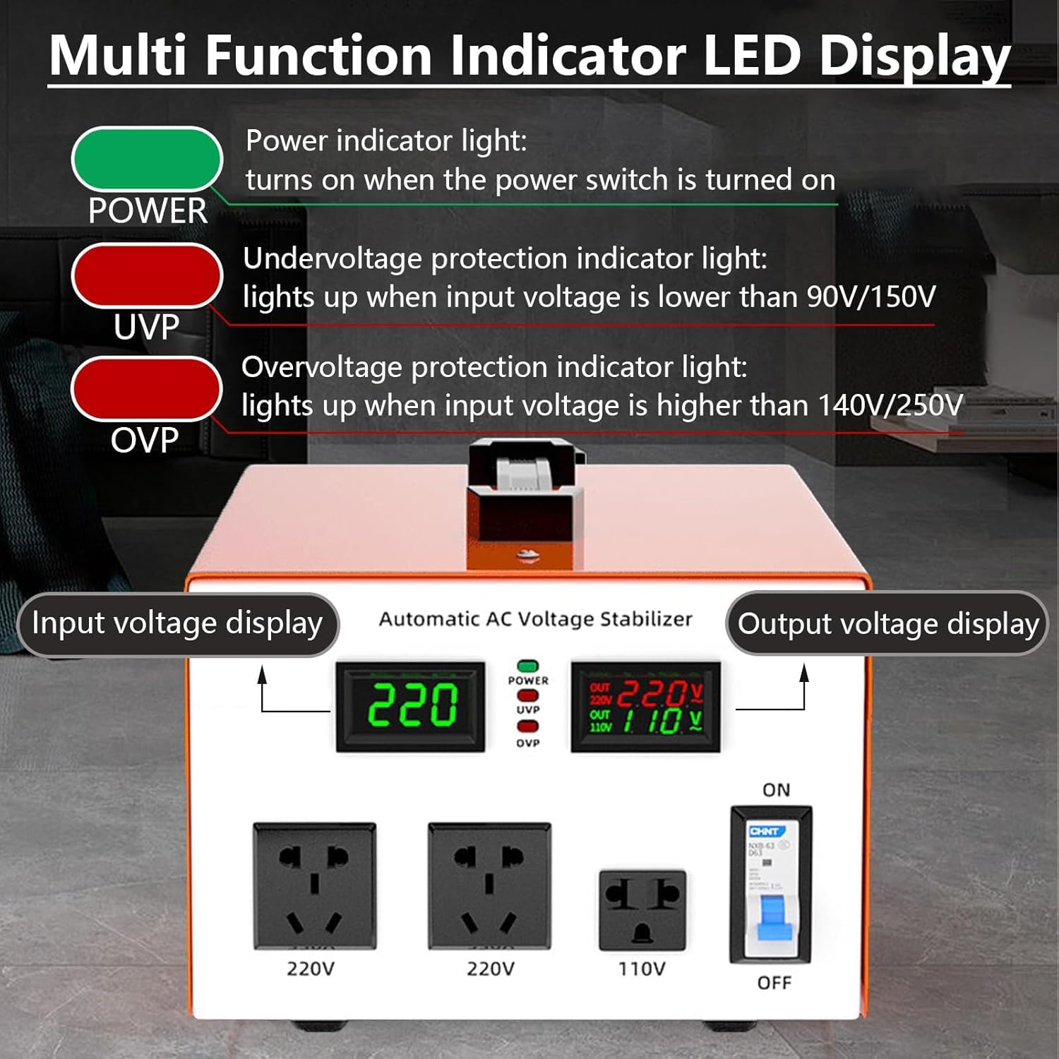 Estabilizador Regulador de Tensión Automático con 6 Protecciones y Pantalla LED, Entrada CA 90V-250V Salida 110V/220V, para Electrodomésticos - Acondicionador Fiable,220V,6000W