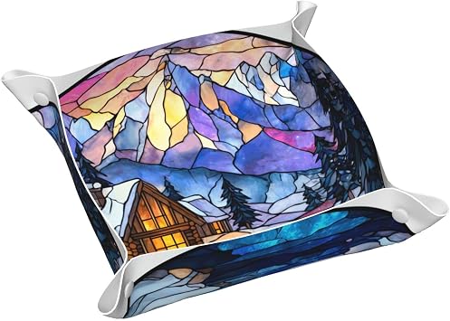Stained Glass Winter Mountain Wooden Cabin Valet Tray Leather Desktop Storage Organizer Bedside for Jewelry Keys Coin Candy Sundries