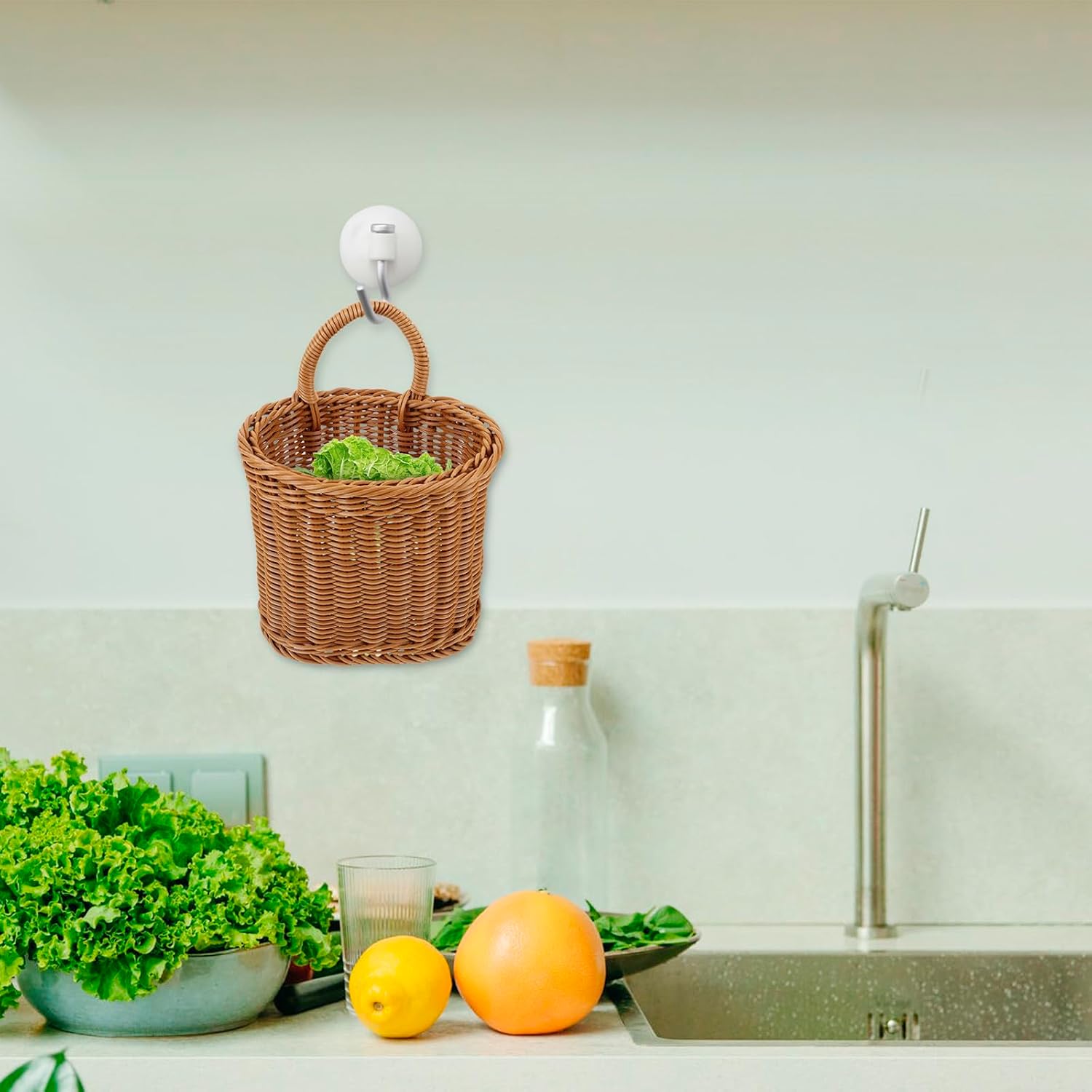 Woven Hanging Basket Small Brown Rattan Wall Storage Basket for Kitchen Garlic Onion Fruit Organization and Home Wall Decoration