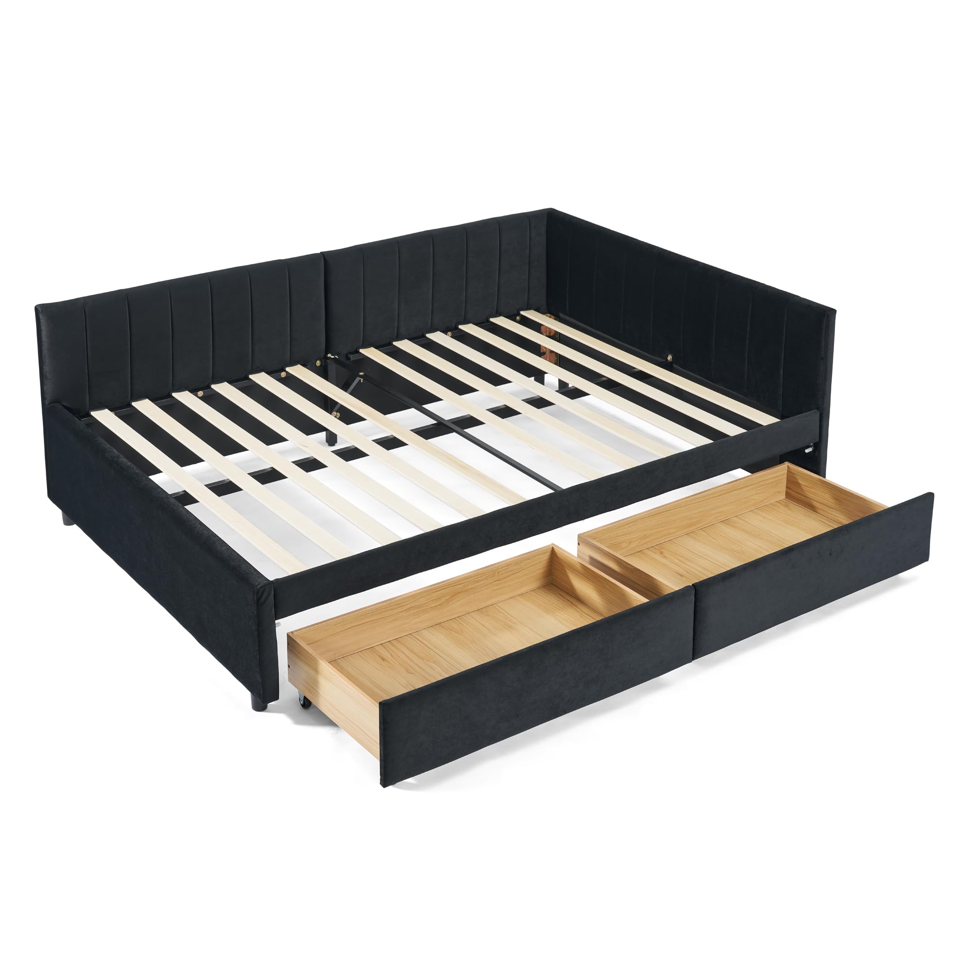 see description full size upholstered daybed with 2 drawers, velvet sofa bed frame with backrest and armrest, black