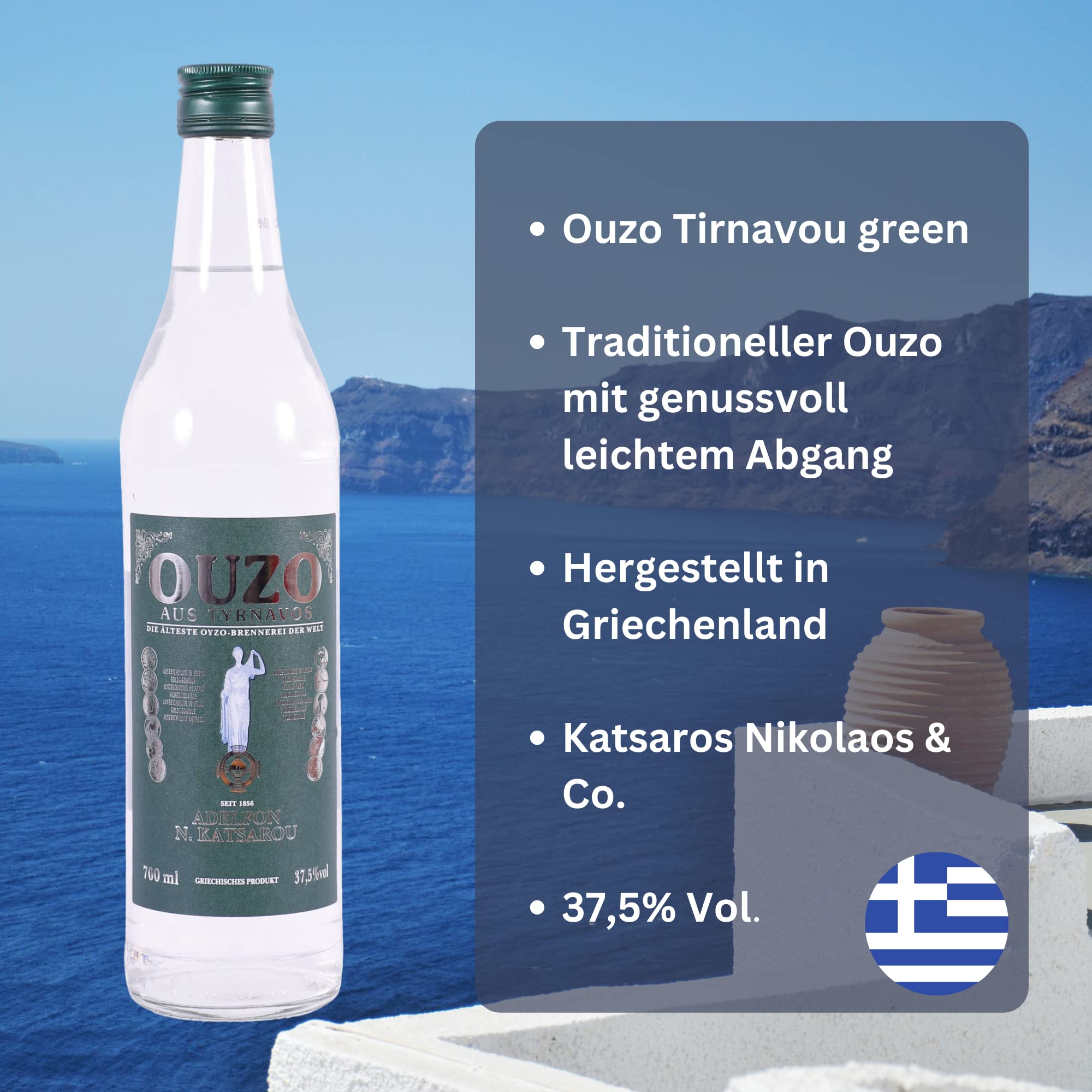 Ouzo Tirnavou green 3x 0,7l 37,5% | Aus der ältesten Ouzo Destillerie der Welt | Katsaros Distillery seit 1856 | Milder Ouzo | + 20ml Jassas Olivenöl