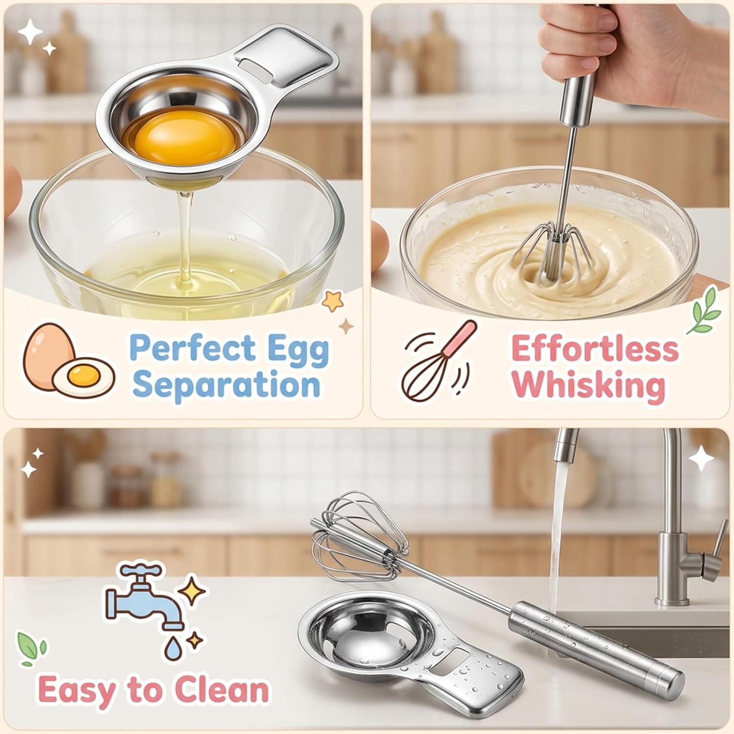 Egg Yolk Separator, Egg Separator for Raw Eggs with Stainless Steel Construction, Efficient Tool for Baking Desserts and Daily Breakfast Preparation, Space-Saving Design for Kitchen Storage