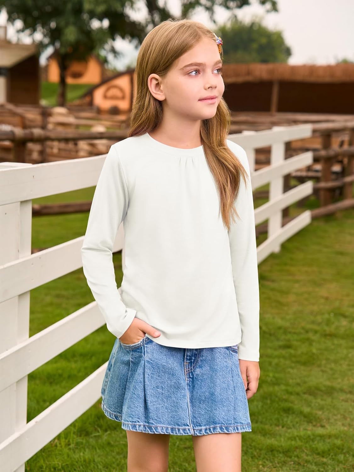 Haloumoning Girls Long Sleeve Tees Kids Casual Crewneck Pleated T Shirts Cute Fall Tops 5-14 Years White - Image 3