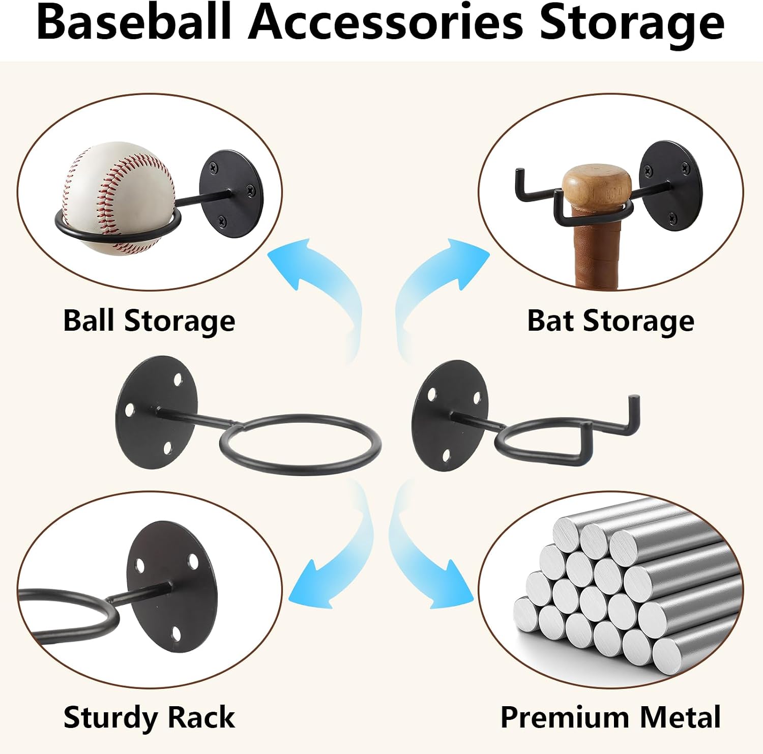 4PCS Wall Mounted Baseball Bat Racks Baseball Softball Holder Bat & Ball Rack Memorabilia Display Sports Accessories