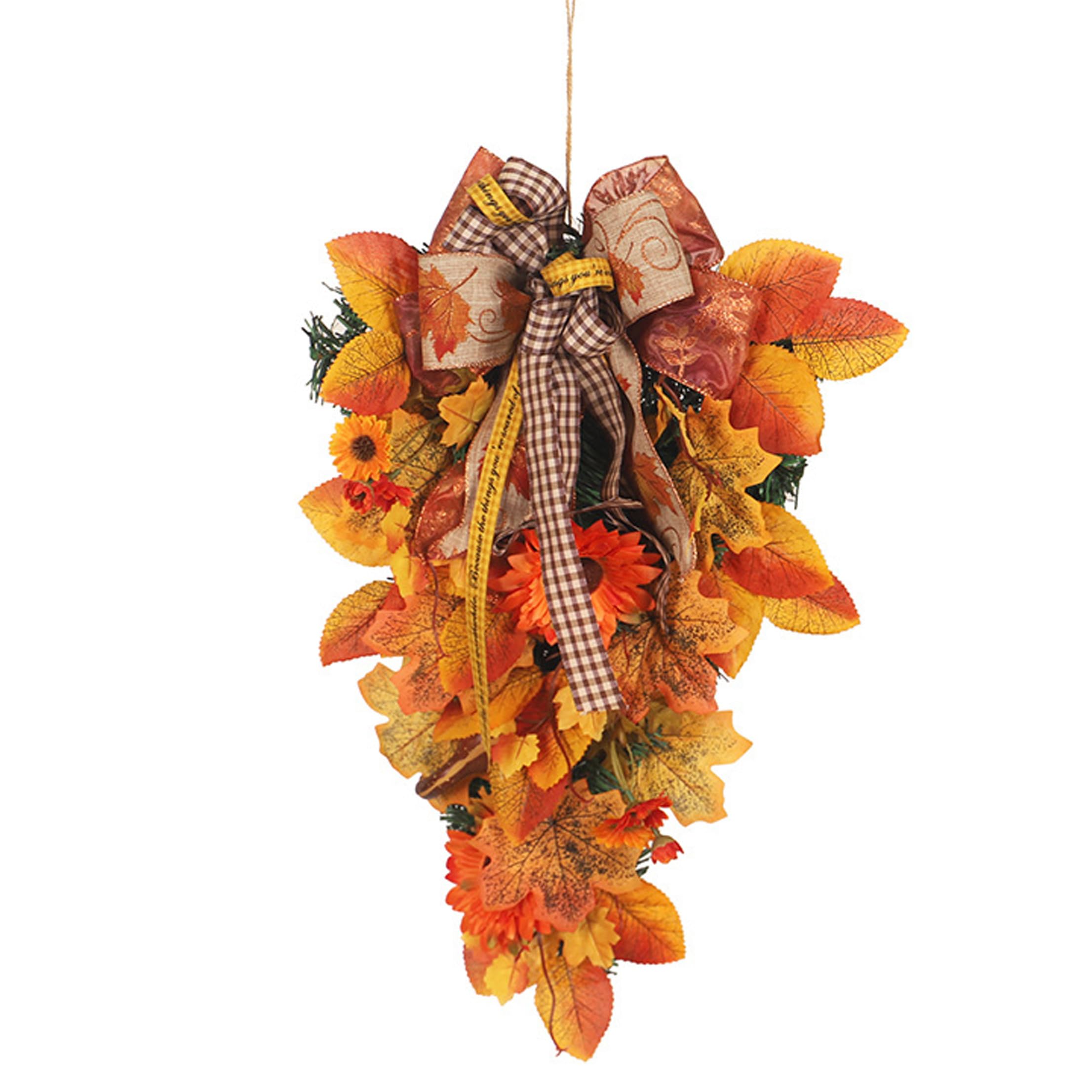 Teardrop Wreath Fall Swags For Decorating - Thanksgiving Artificial Sunflower & Maple Leaf Hanging Decor, Teardrop Autumn Wreaths Artificial Flower Wreath Front Door