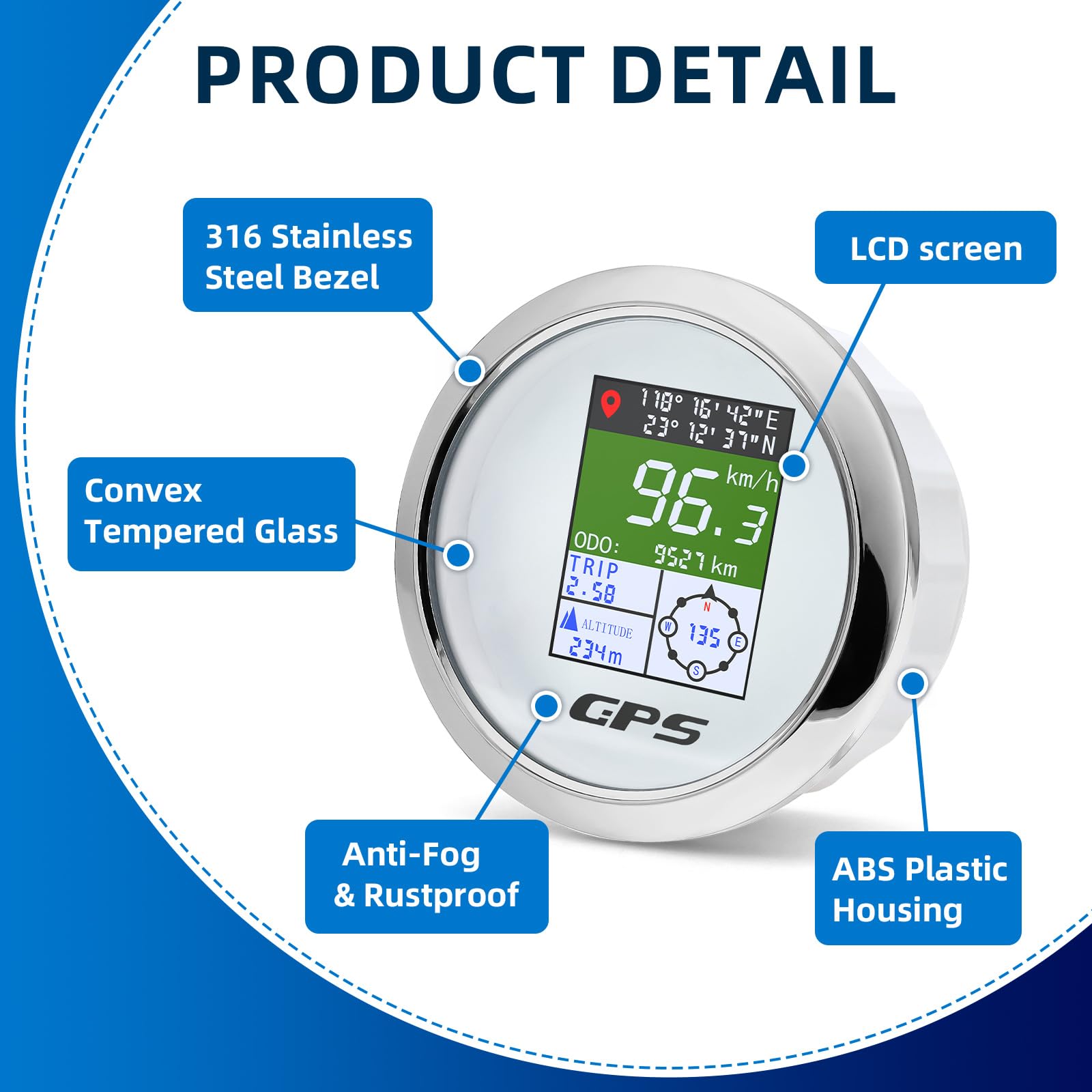 Tachimetro GPS da 85 mm con schermo a colori TFT – impermeabile digitale e odometro, regolabile per km/h, MPH, nodo – per auto, barca, moto, camion
