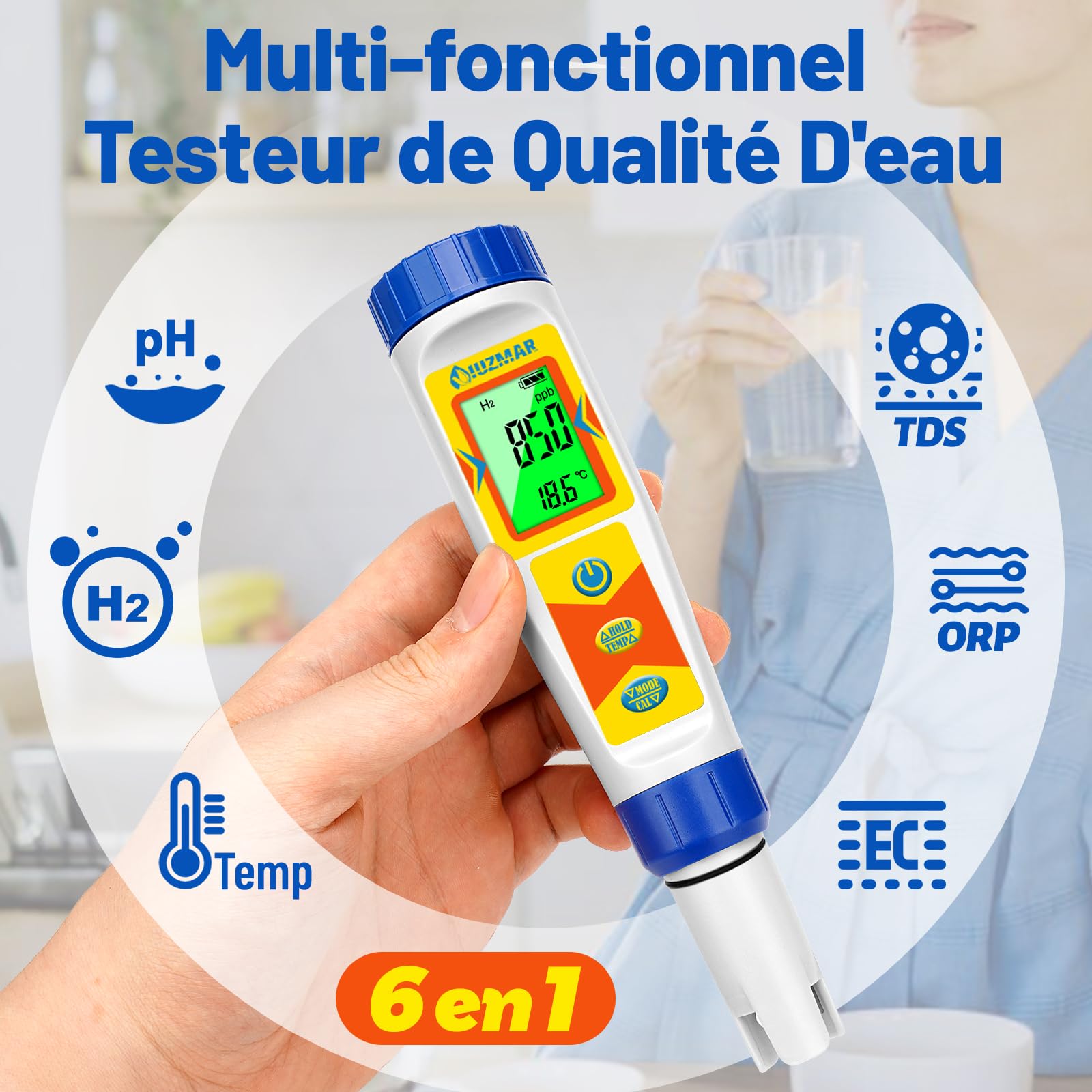 UIUZMAR Hydrogéno Mètre et pH Mètre pour L'eau Testeur de Bouteille D'hydrogène pour L'eau Potable Testeur de Qualité D'eau 6 en 1 avec Fonction ph H2 ORP TDS EC Temp pour Piscine, Hydroponie
