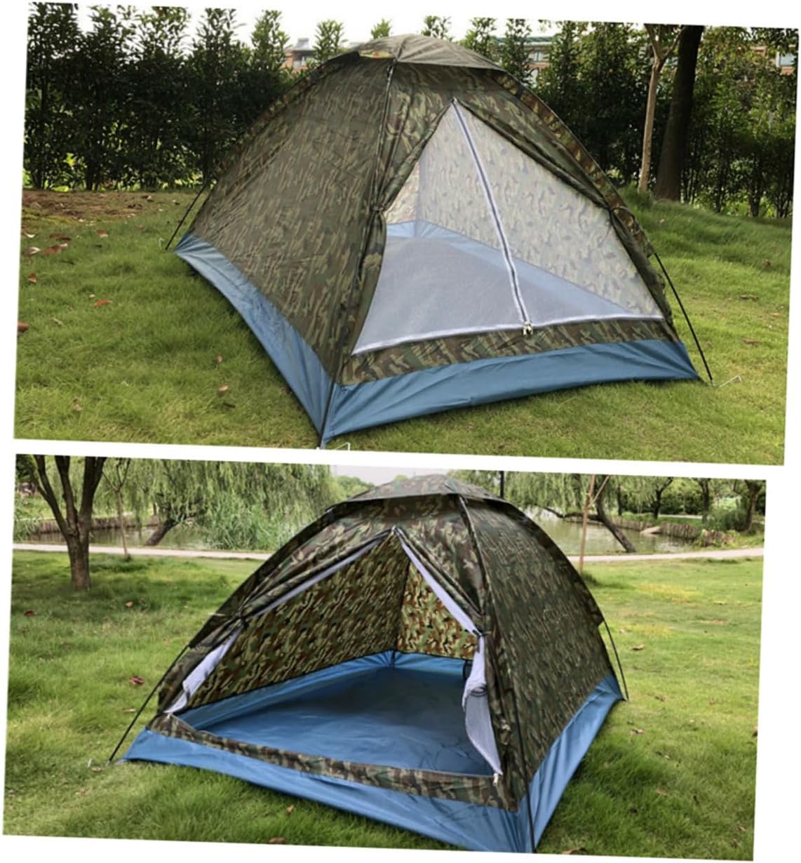 Camouflage Double Person Outdoor Camping Tent Single Layer with Mesh Door Ultra-Light Portable Beach Shelter for Hiking Picnic Fishing