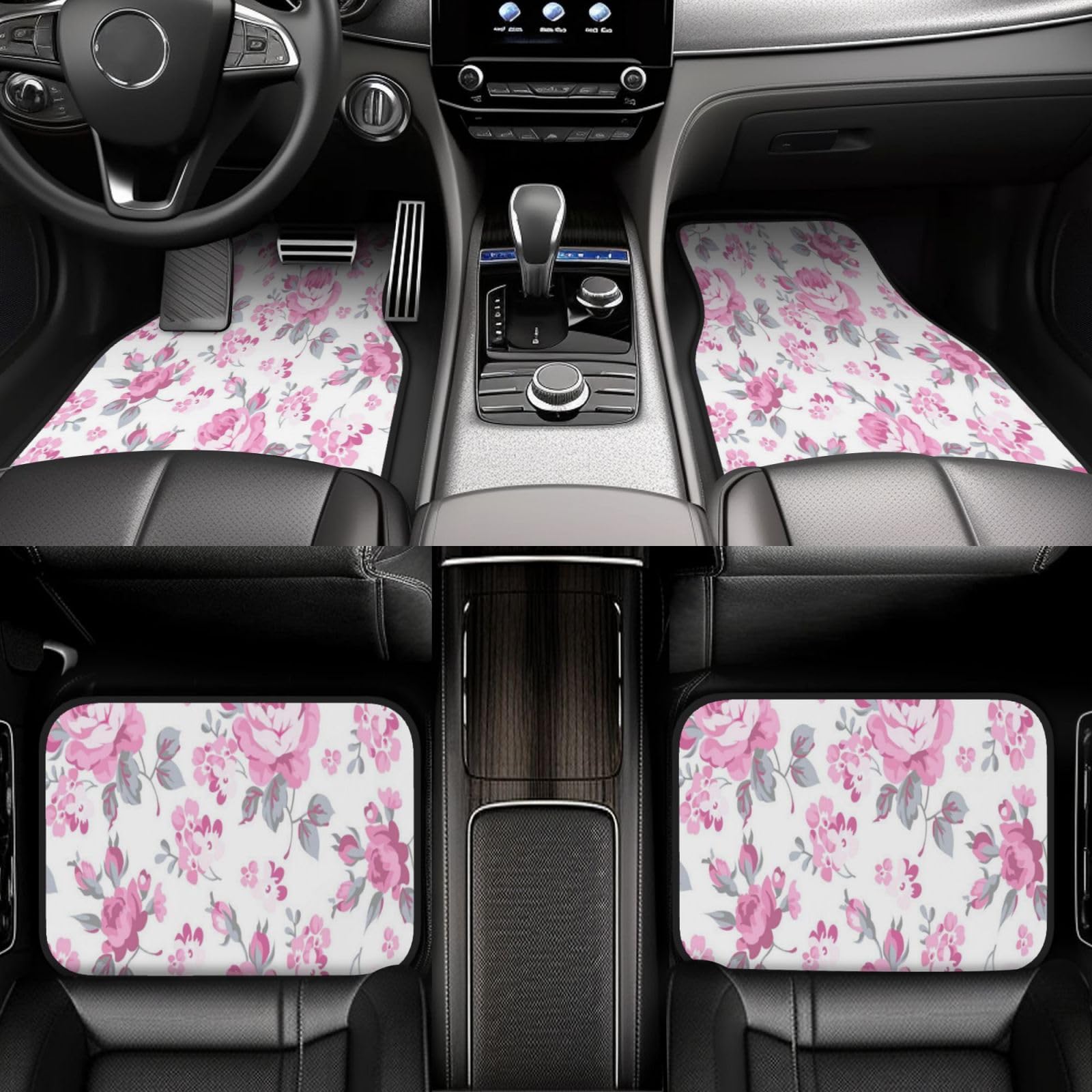 Shabby Chic Blumenmuster in Rosa, Hellrosa, weiß, 4er-Set Auto-Fußmatten, Neopren-Fußmatten für Fahrzeuge, rutschfeste Auto-Fußmatten, Autozubehör