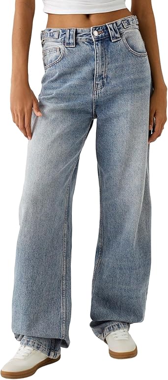 Womens Mid Rise Straight Leg Jeans Casual Loose Fit Wide Leg Denim Pants Classic Washed Baggy Trousers