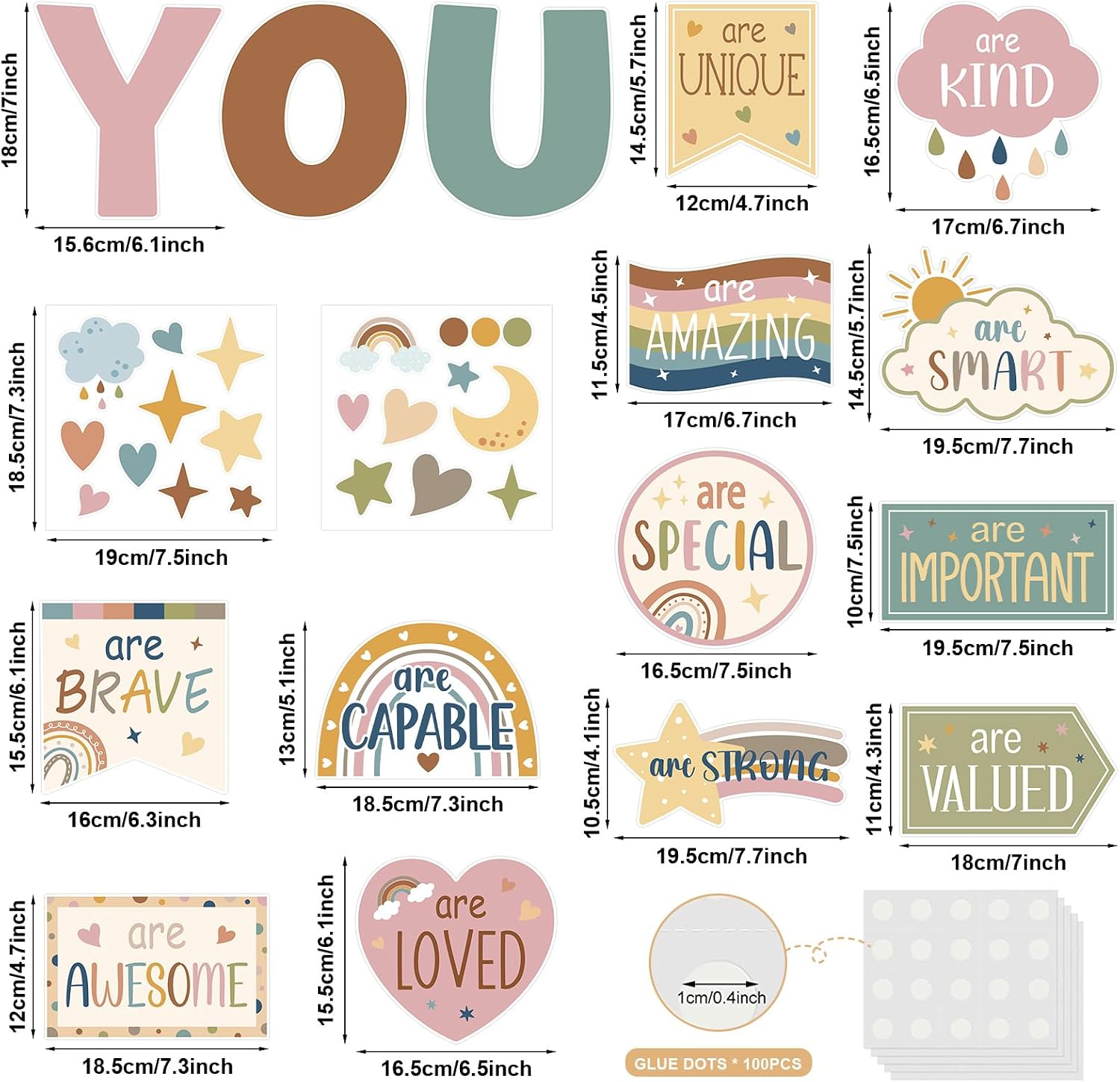 COCHIE Motivational Inspirational Bulletin Board Decorations Set, 37PCS Positive Saying Classroom Must Have, Affirmation Station Paper Cutout Classroom Decor Posters for Wall Door Window (Boho)
