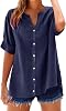 Yinguo Loose Shirt Top Stand Solid Color Sleeve Collar Casual Women's Shirt Women's Womens T V Neck