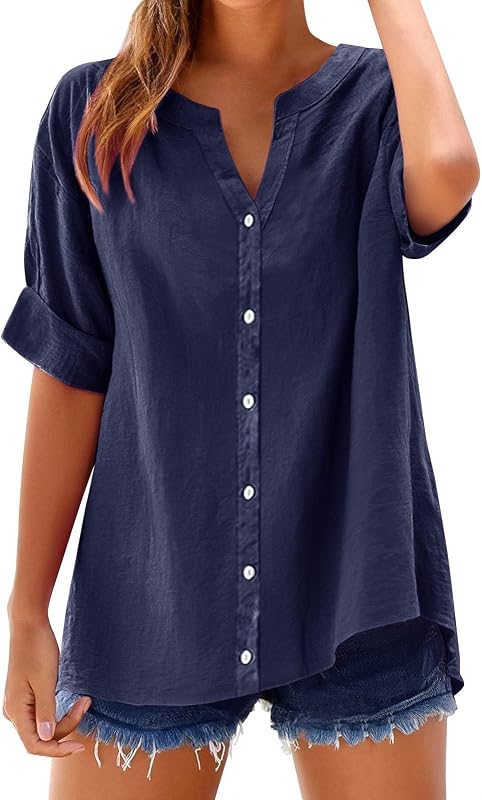 SHAOBGE Summer Tops for Women 2025 Trendy Short Sleeve Cotton Linen Shirt Casual Button v Neck Tunic Blouses Outfits