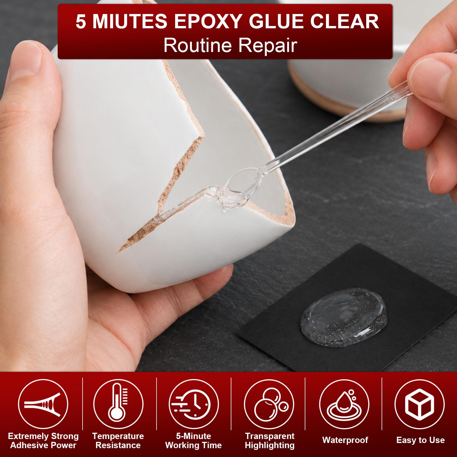 5 Minutes Colle Epoxy 250ml, Transparent Ténacité Haute Résistance Durable, Colle bi Composant Pour la Réparation de Carreaux, Métal, Céramique, Plastique, Bois
