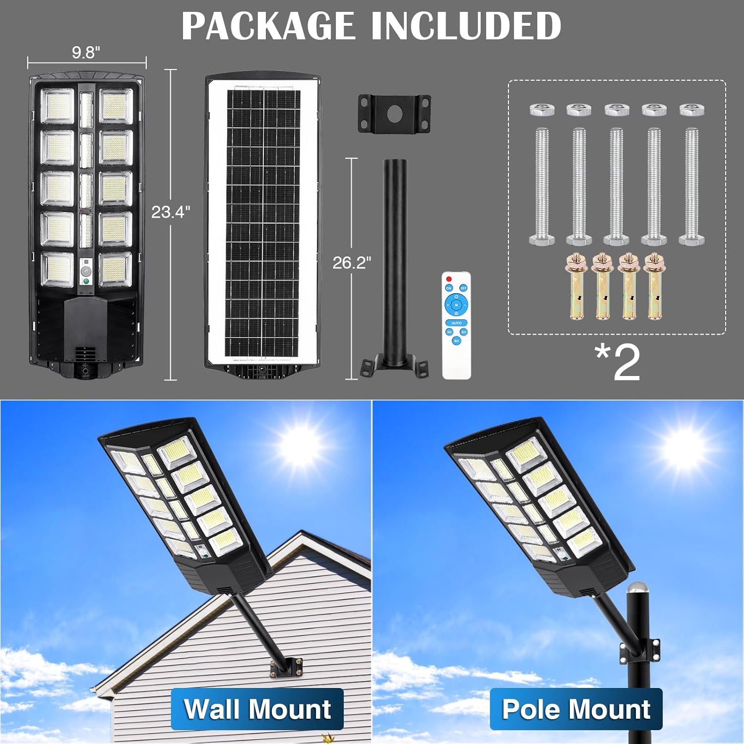 ZJOJO Solar Light Outdoor Waterproof, 30000LM 1160 LEDs Solar Street Lights for Outside Dusk to Dawn, 9000K LED Parking Lot Light Solar Powered Flood Lights with Motion Sensor -2 Pack