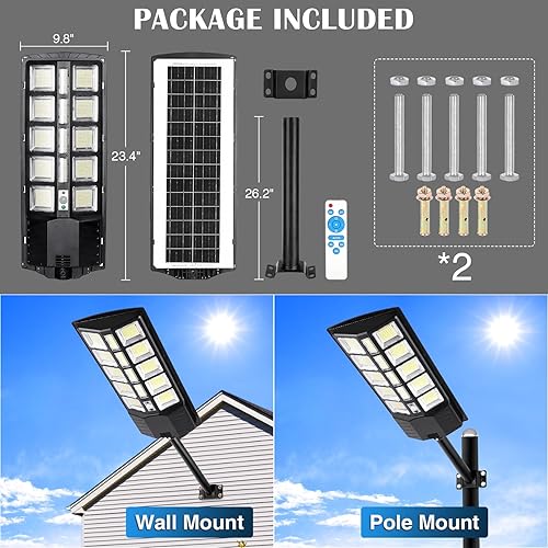 Miniatura 10 de ZJOJO Luz solar de calle de 800 W, impermeable, 15000 lúmenes, 728 luces LED solares para exteriores del atardecer al amanecer, luz LED de