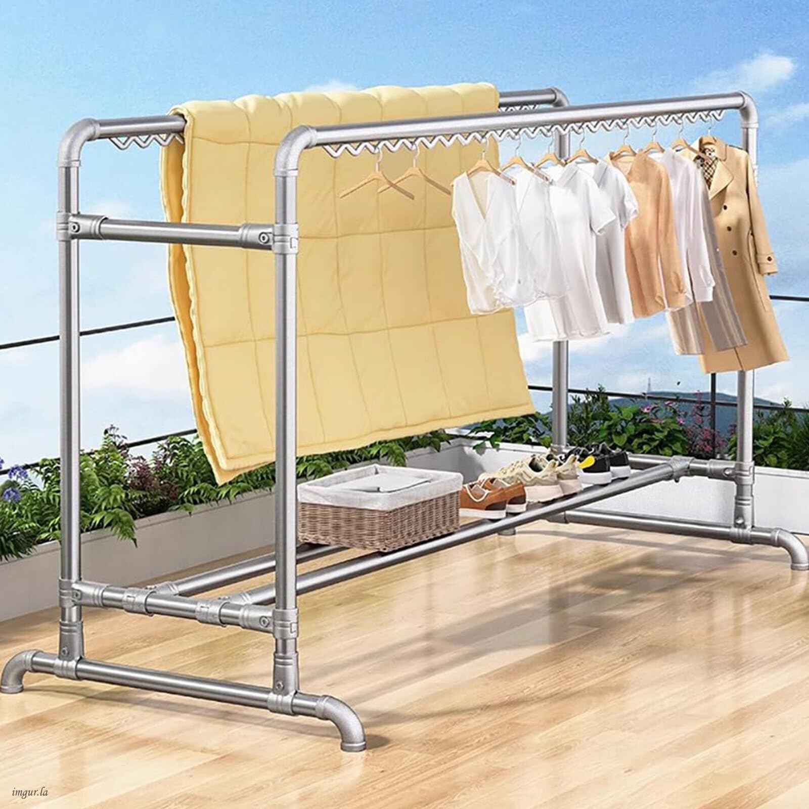 TUOYIBO Metal Laundry Rack Clothes Rack Indoor Clothes Drying Rack with Double Pole, Adjustable, Laundry Racks with Storage Bottom Shelf, Clothing Hanger for Laundry 600LB Load Capacity for Courtyard