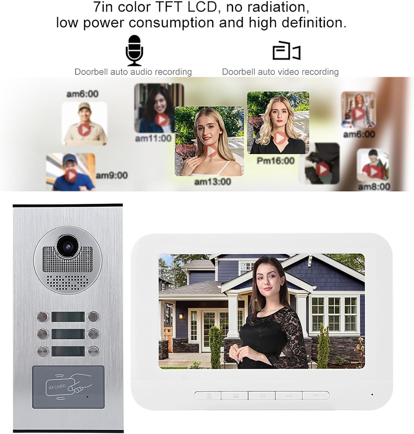 Dioche 5 Units Apartments Video Intercom System 7 inch Video Doorbell Door Phone Kits Indoor Outdoor IR Camera 2 Way Intercom for 5-Household Home Apartment