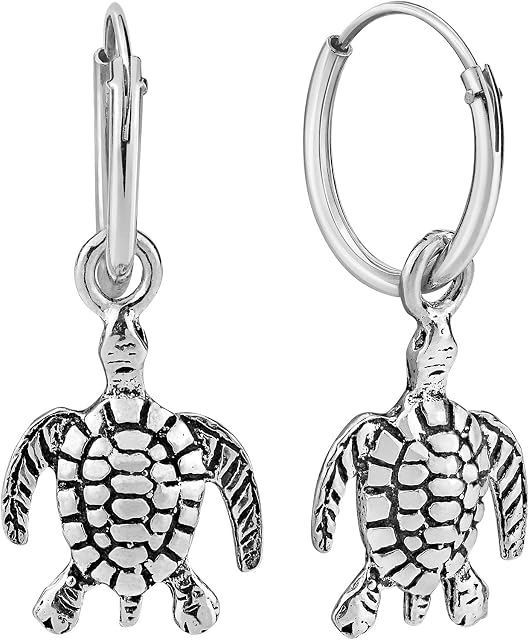 Charming Marine Turtle Sterling Silver Dangle Mini Hoop Earrings