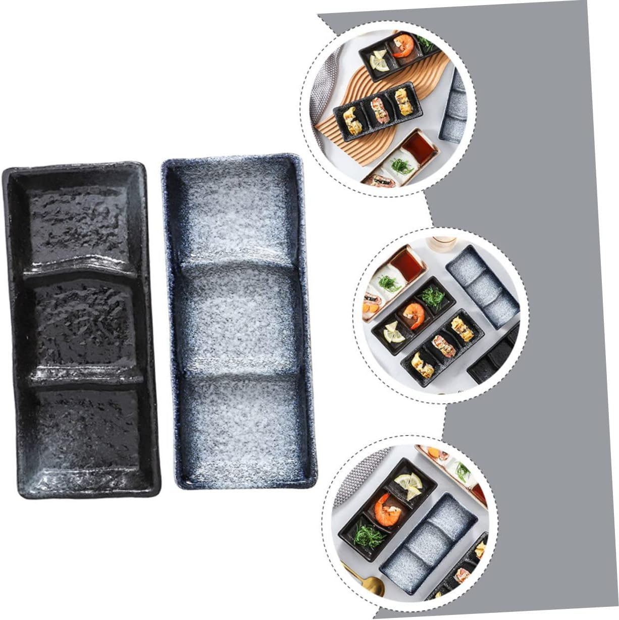 PRETYZOOM 2Pcs Rectangular Three-Compartment Sauce Dish Ceramic Sushi Plate Set for Condiments Dipping Bowls for Sushi and Appetizers