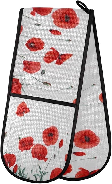 funnyy Poppy Flower Floral Double Oven Gloves Heat Resistant Oven Mitts Quilted Cotton Cooking Mitt for Baking Kitchen Grilling BBQ Microwave Barbecue Handling Hot Pots and Pans